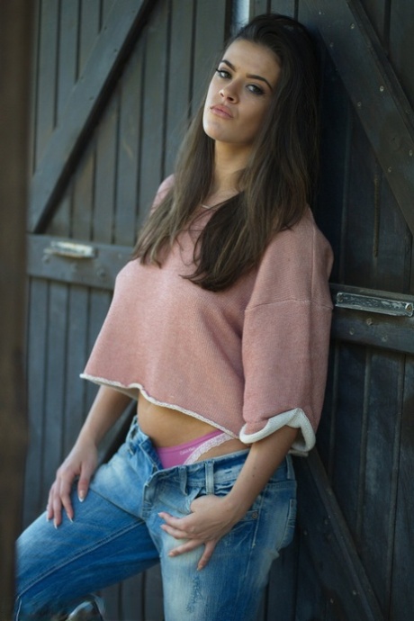 Sultry brunette Brook Wright uncovers her nice tits in unbuttoned blue jeans 53955723