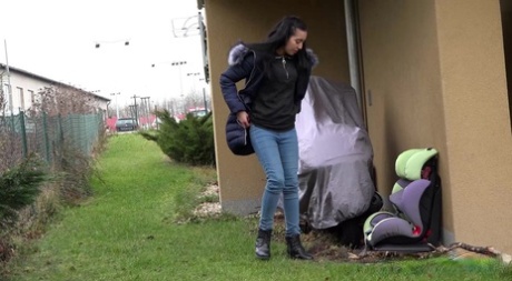 Short taken girl Esperansa squats for an urgent piss beside someone's home 57155242