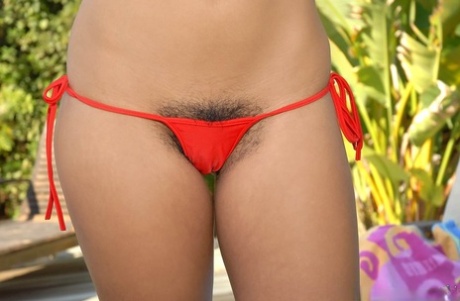 Blonde in bikini flaunting hairy beaver outdoors & getting cum on pussy 93147670