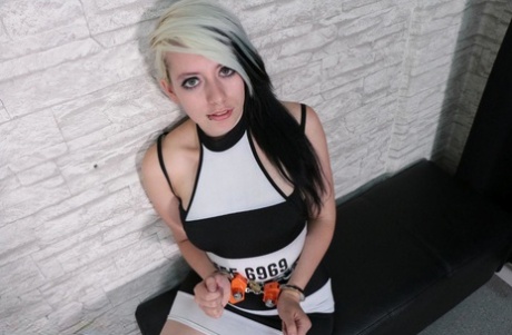White girl with dyed hair is held prisoner in chains and security cuffs 35646011